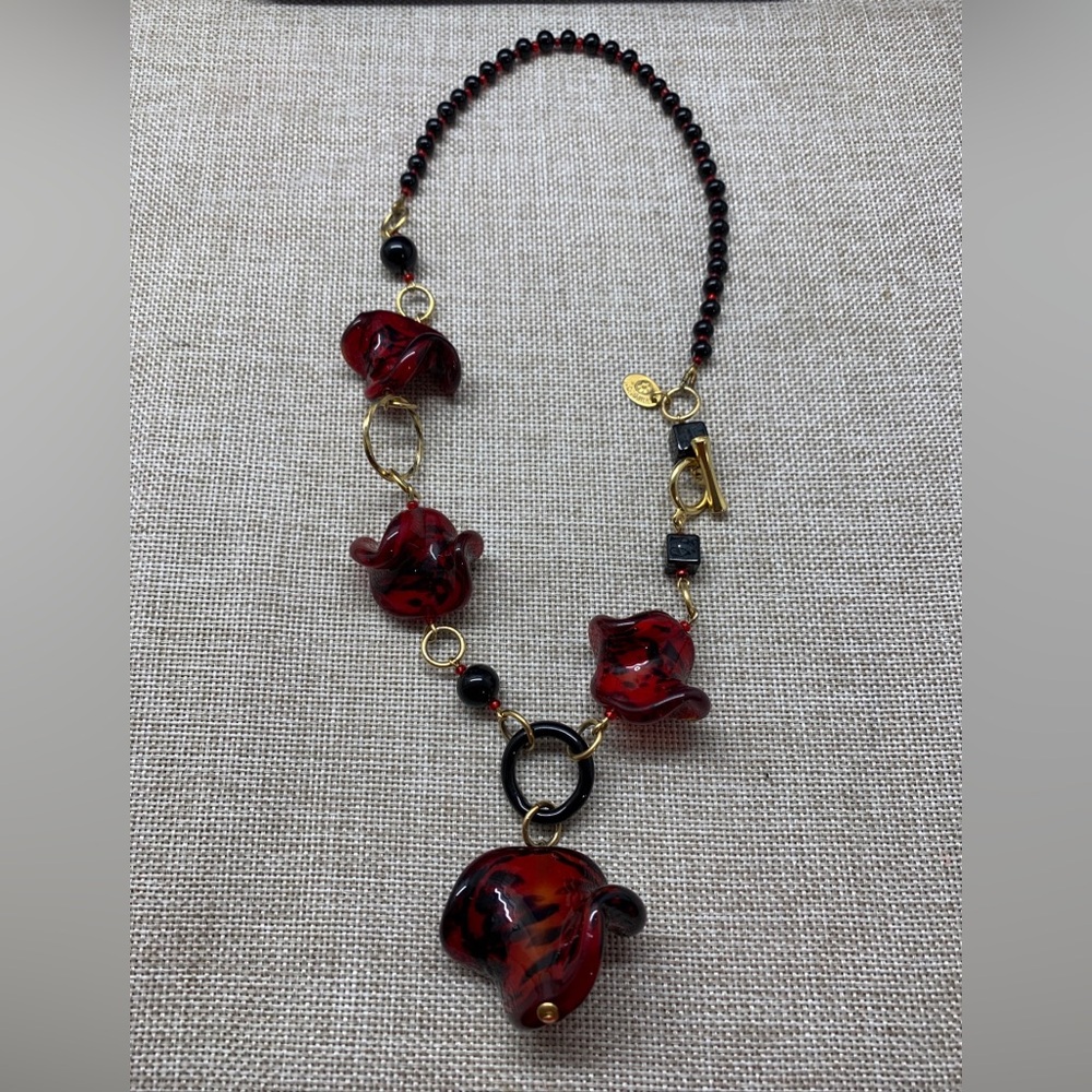 Swirling & Beaded Dark Red Glass Necklace Signed Millefiori 20” Toggle Clasp